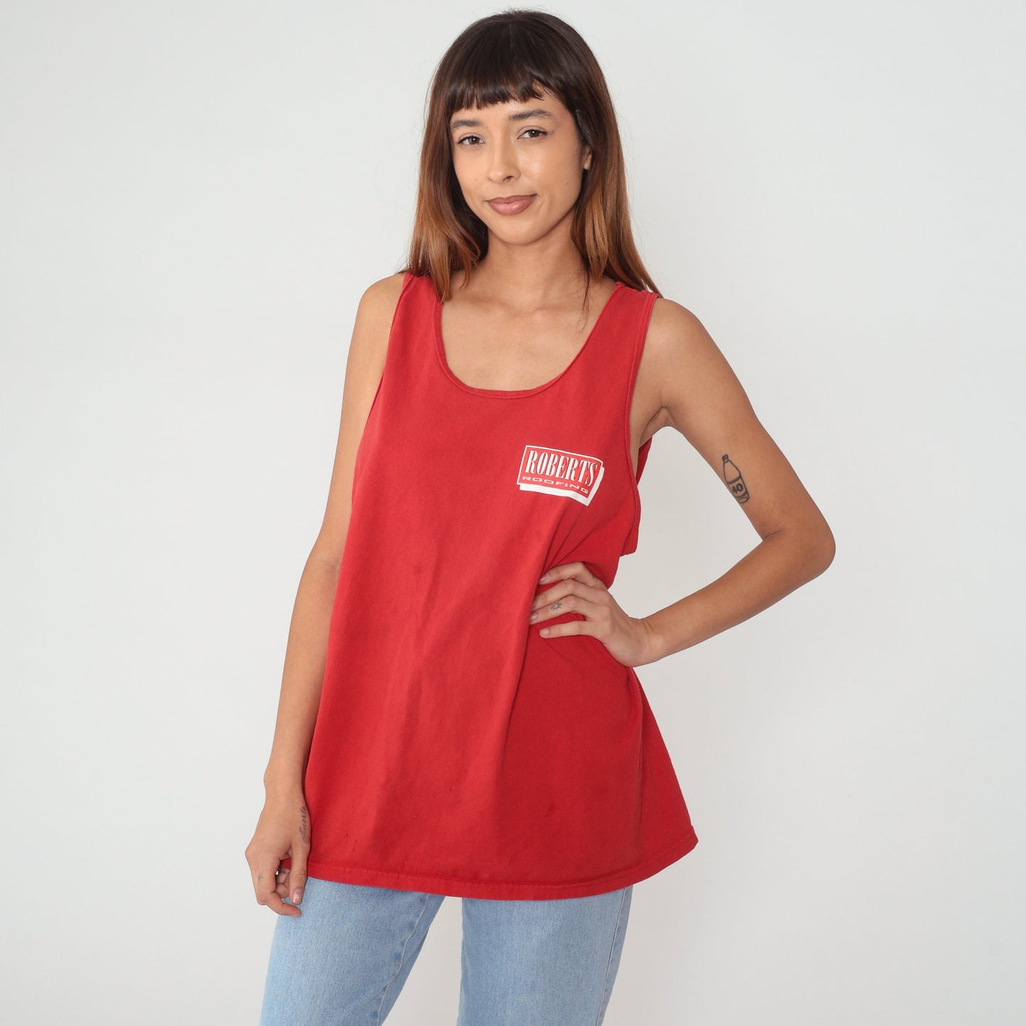 Y2K Robert's Roofing Graphic Tank Top Red Cotton Racerback Extra Large XXL