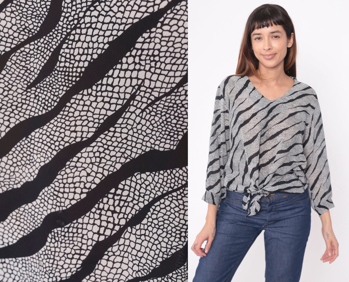 90s Animal Print Blouse Snakeskin Tiger Stripe Tie Waist V Neck Long Sleeve Black White Large L