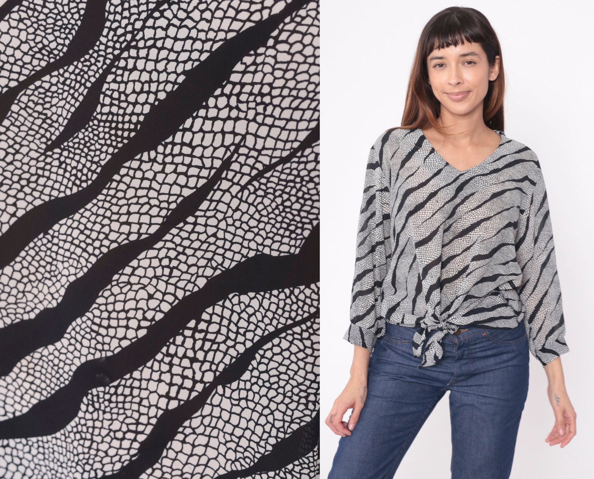90s Animal Print Blouse Snakeskin Tiger Stripe Tie Waist V Neck Long Sleeve Black White Large L