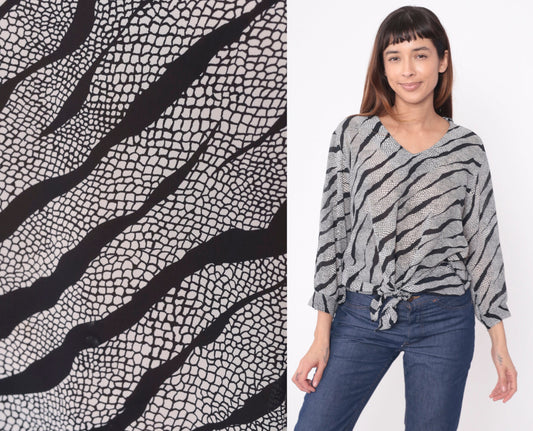 90s Animal Print Blouse Snakeskin Tiger Stripe Tie Waist V Neck Long Sleeve Black White Large L