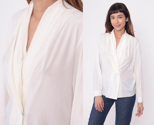90s White Double Breasted Button Up Blouse V Neck Long Sleeve Small