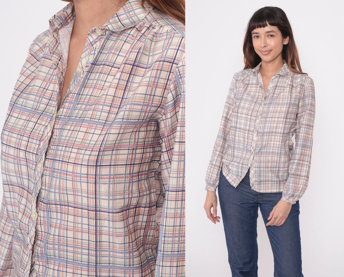 80s Plaid Button-Up Blouse Cream Lavender Pink Checkered Long Sleeve Small