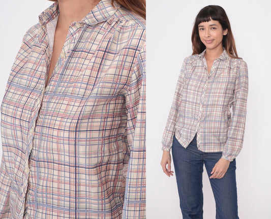 80s Plaid Button-Up Blouse Cream Lavender Pink Checkered Long Sleeve Small