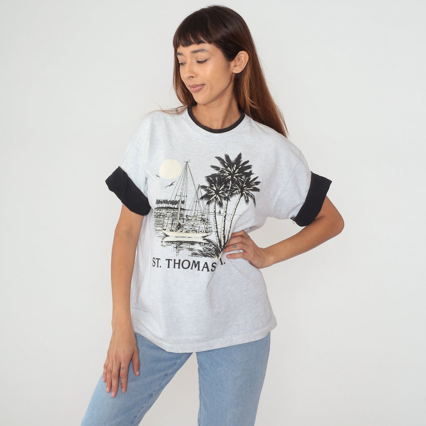 90s St Thomas Virgin Islands Sailboat Graphic Tee Heather Grey Large