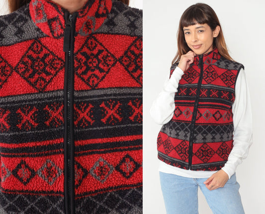 90s Northwest Blue Fleece Vest Red Geometric Striped Zip-Up Medium M