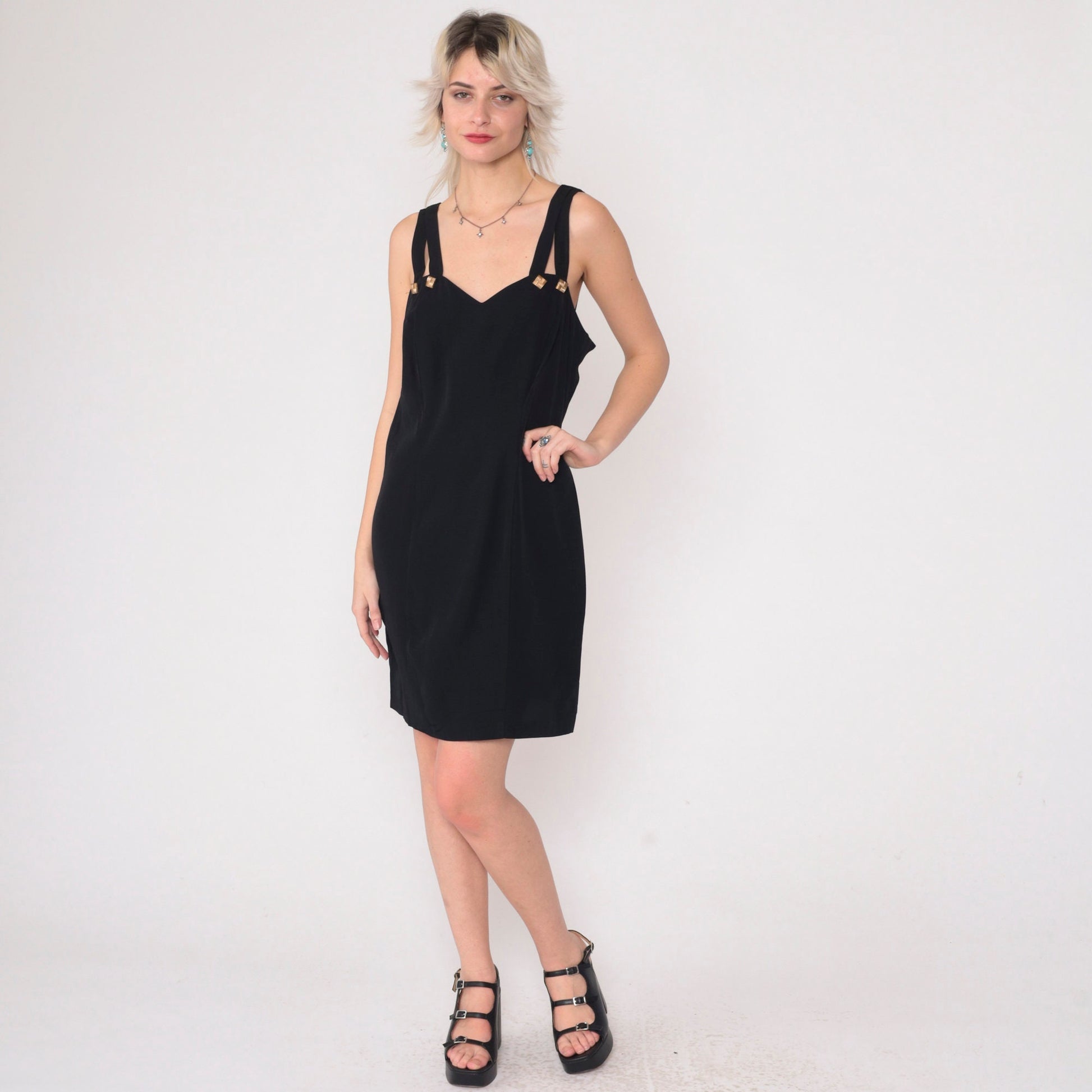 90s Black Mini Dress Sweetheart Neckline Keyhole Strappy Sheath Small