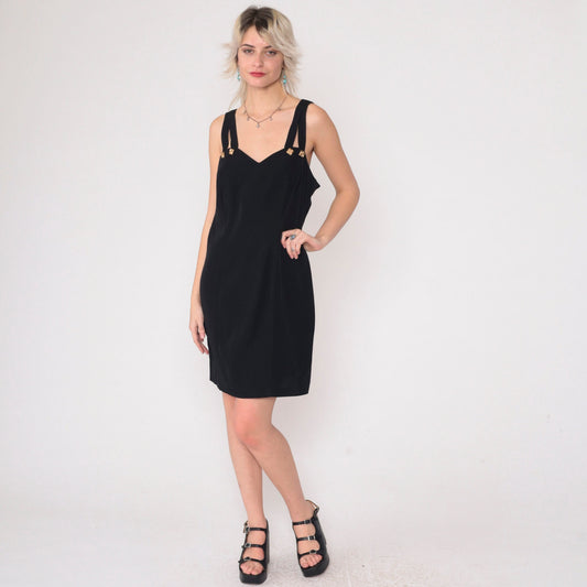 90s Black Mini Dress Sweetheart Neckline Keyhole Strappy Sheath Small