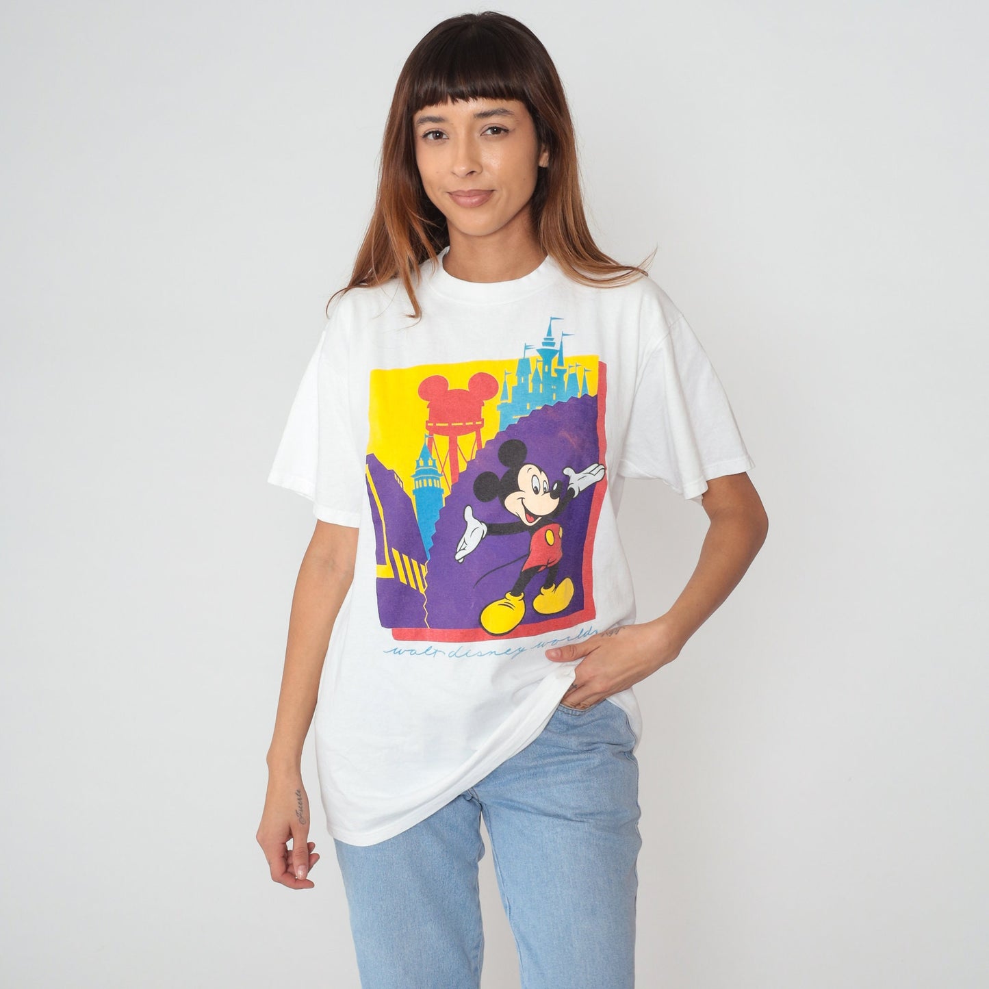 90s Walt Disney World Mickey Mouse Graphic T-Shirt White Cotton Large L