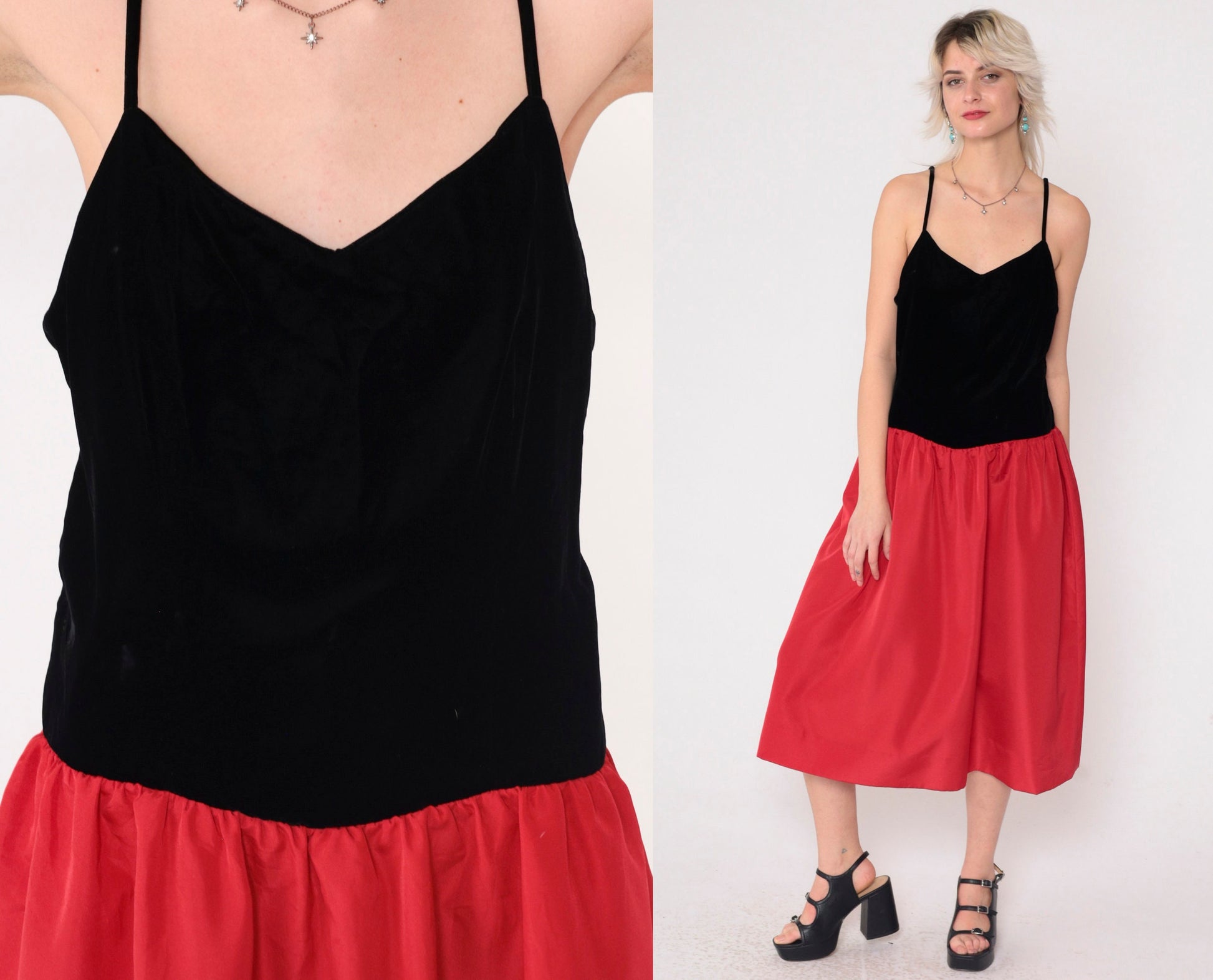 80s Velvet Colorblock Midi Dress Red Black Spaghetti Strap V Neck Medium