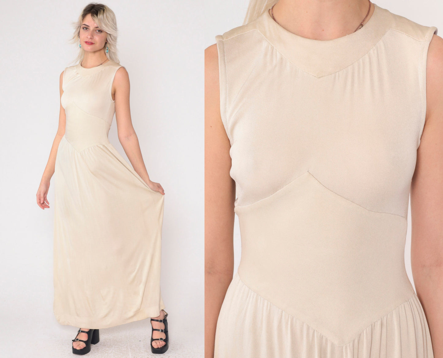 1970s Beige Asymmetrical Chevron Maxi Dress High Neck Sleeveless Small