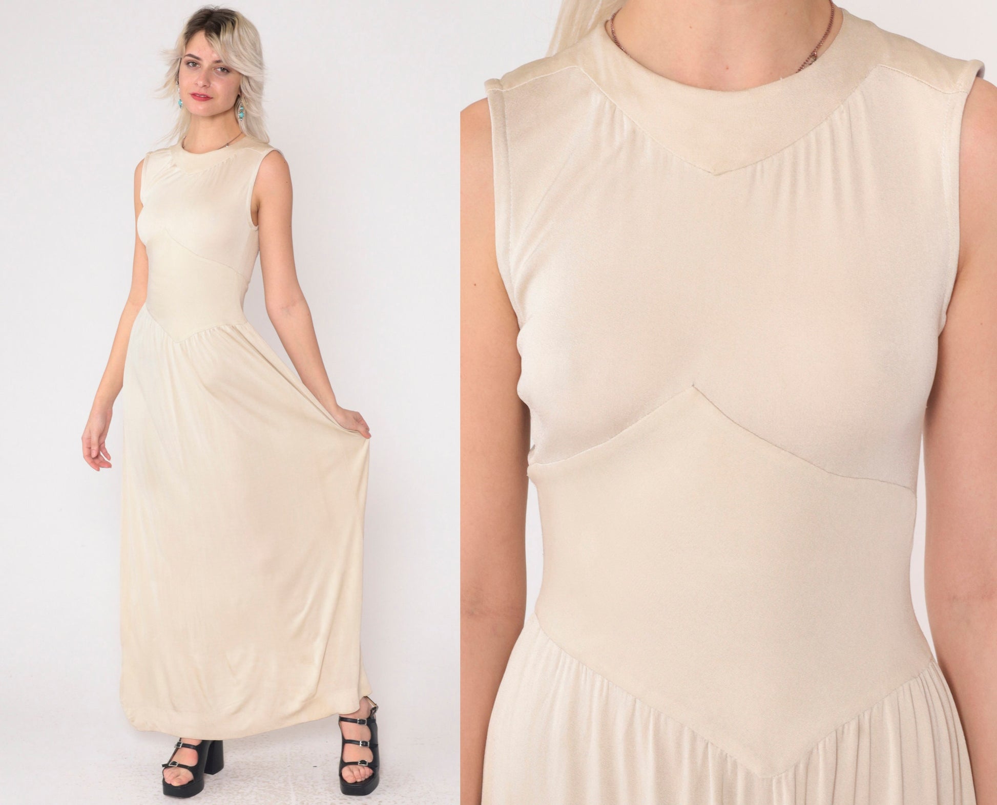 1970s Beige Asymmetrical Chevron Maxi Dress High Neck Sleeveless Small
