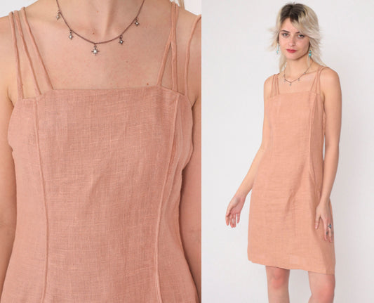 90s Muted Peach Linen Mini Dress Triple Spaghetti Strap Sheath Small