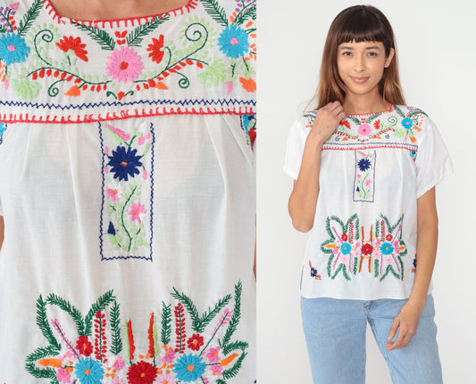 90s Mexican Embroidered White Floral Blouse Short Sleeve Small