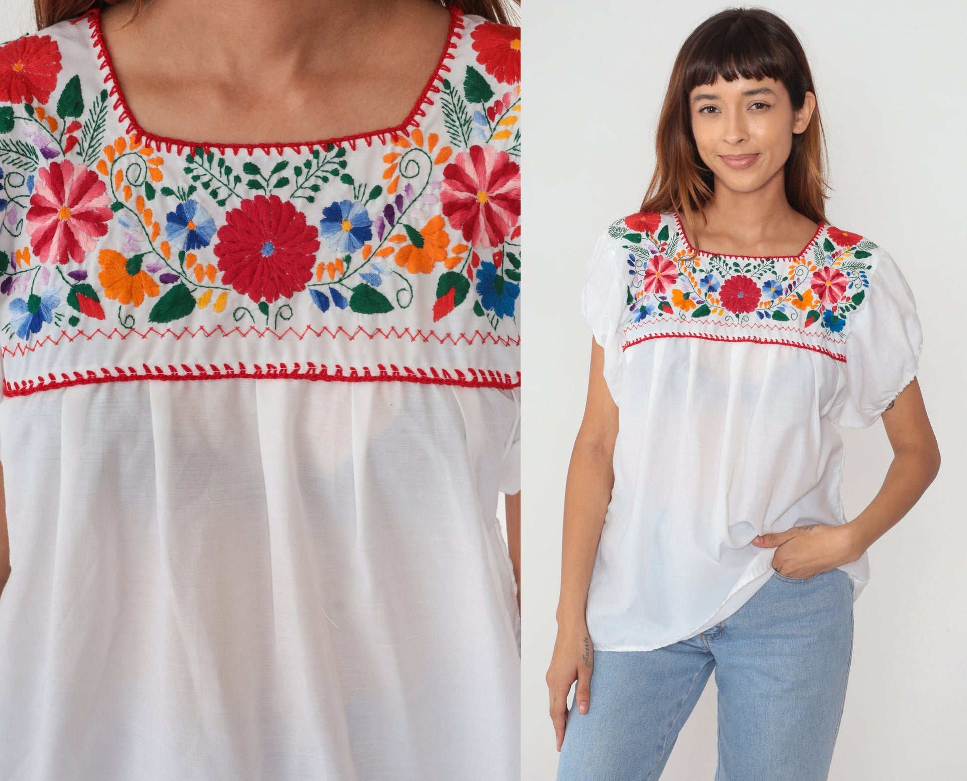 90s Mexican Embroidered Floral Blouse White Short Sleeve Peasant Top Small