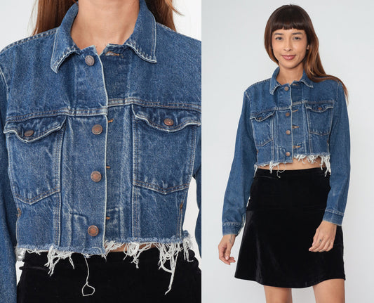 90s Rustler Cropped Denim Jacket Blue Raw Hem Small