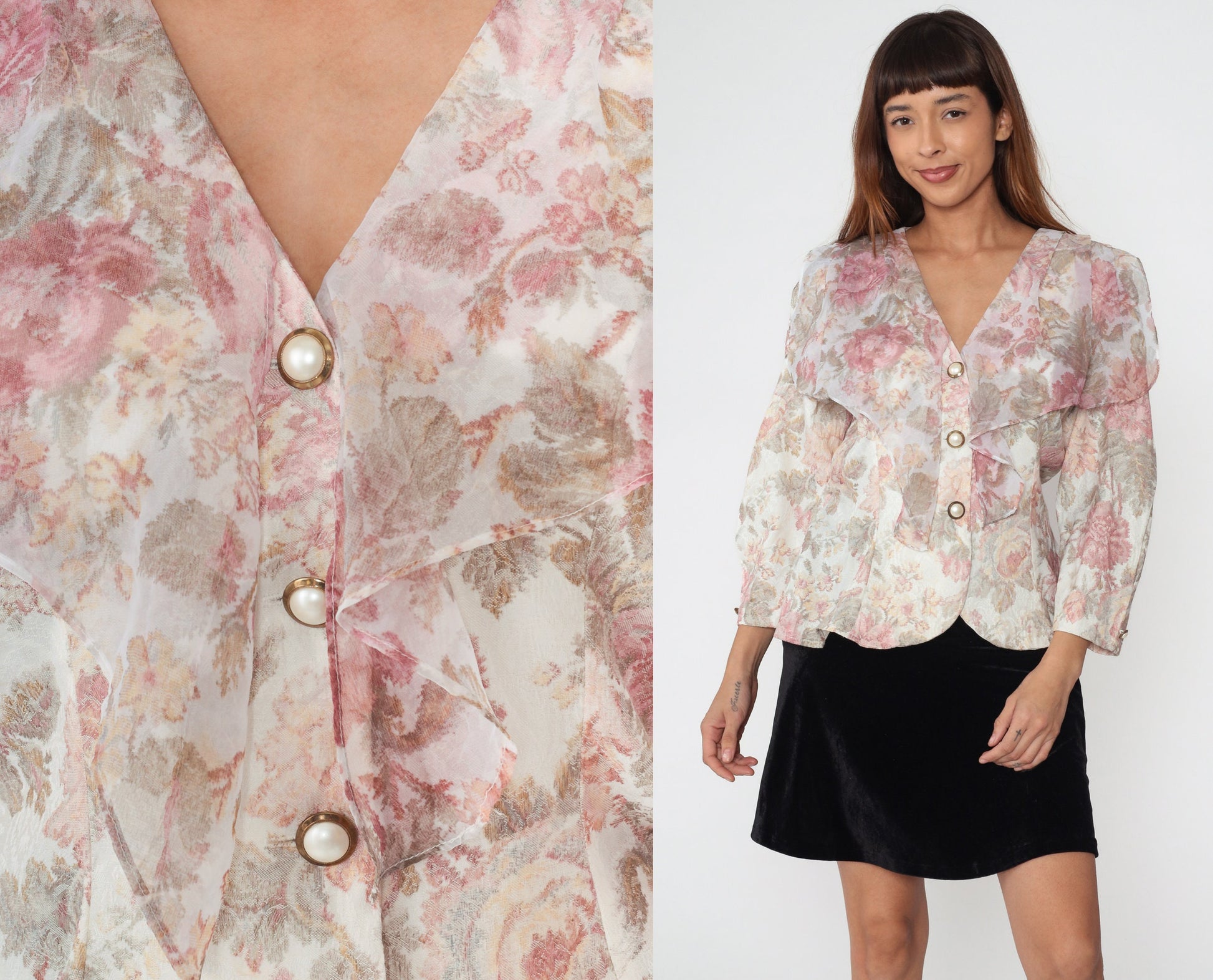 90s Floral Ruffle Blouse White Pink Button Up Long Sleeve Medium