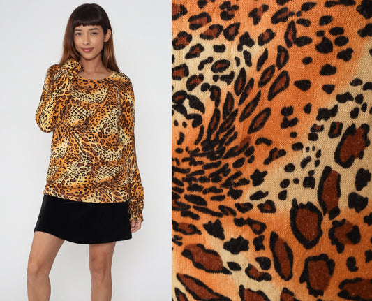 00s Cheetah Print Knit Sweater Long Sleeve Animal Print Top Large