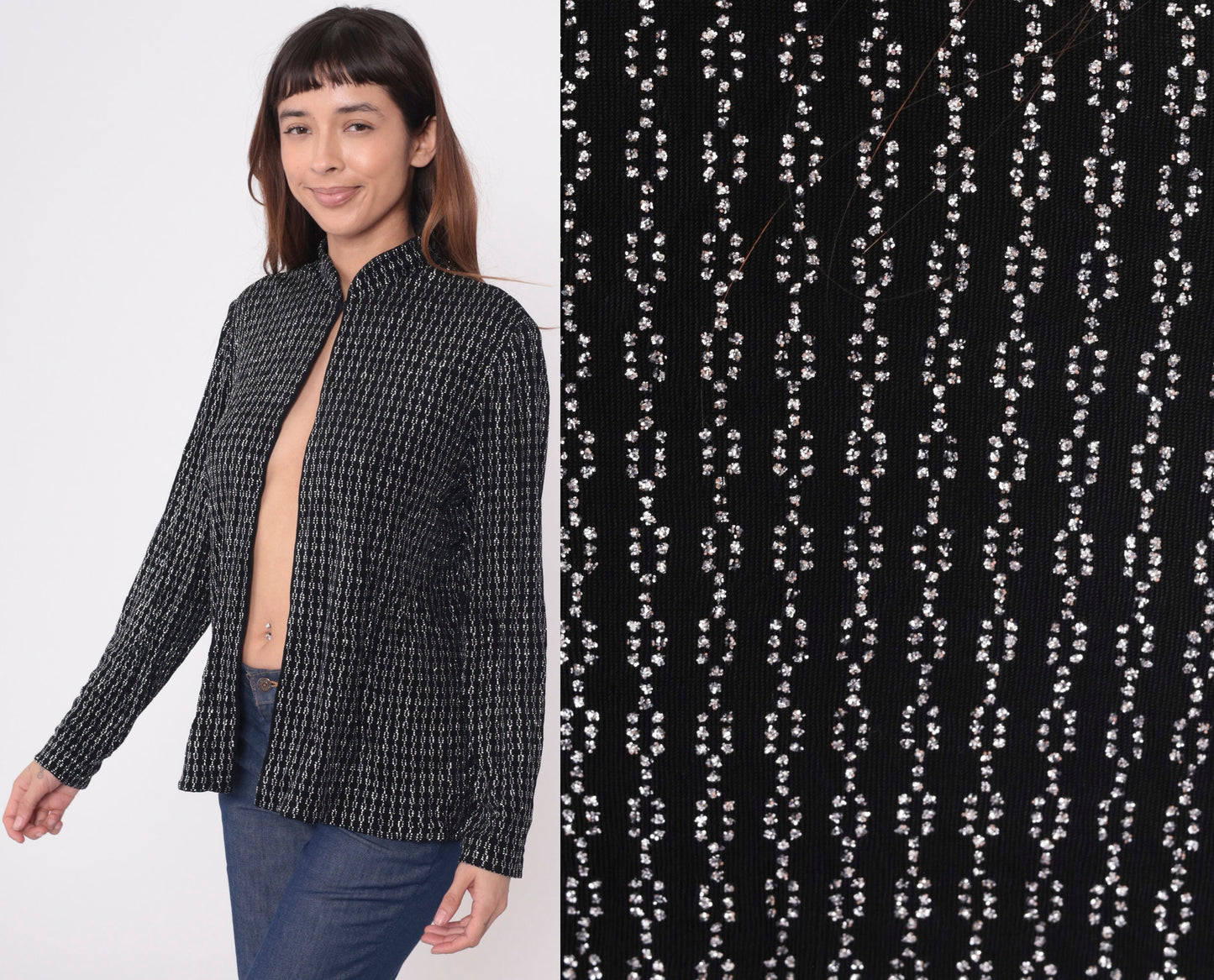80s Alex Evenings Black Metallic Jacket Silver Chain Mandarin Collar Large 12