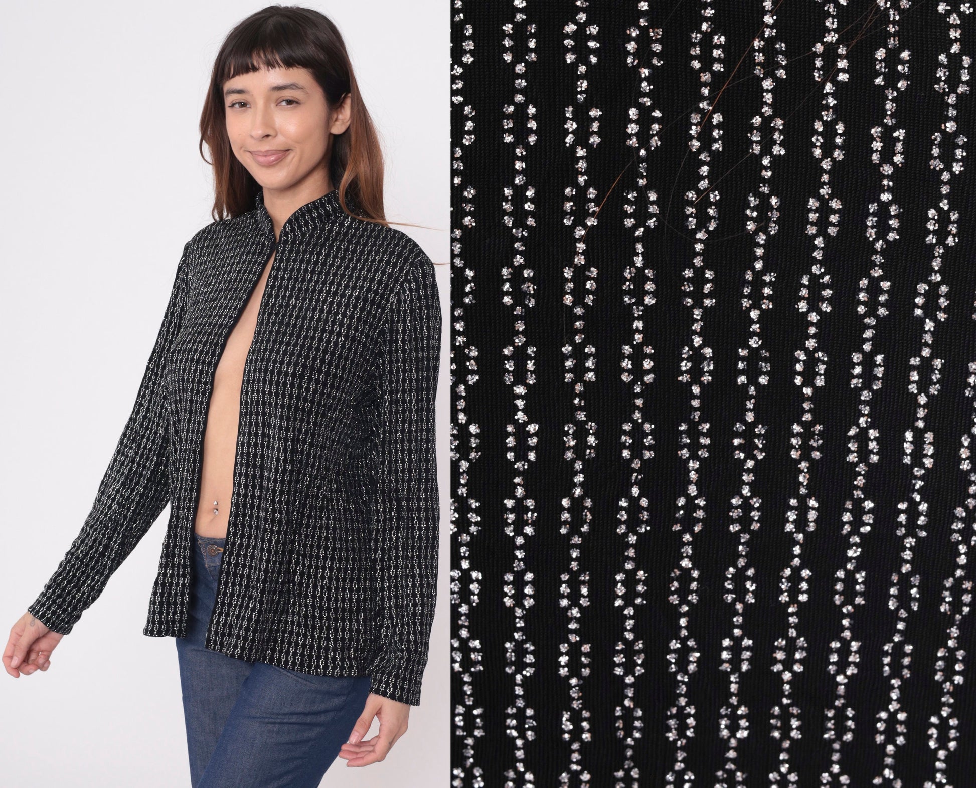 80s Alex Evenings Black Metallic Jacket Silver Chain Mandarin Collar Large 12