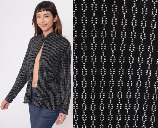 80s Alex Evenings Black Metallic Jacket Silver Chain Mandarin Collar Large 12