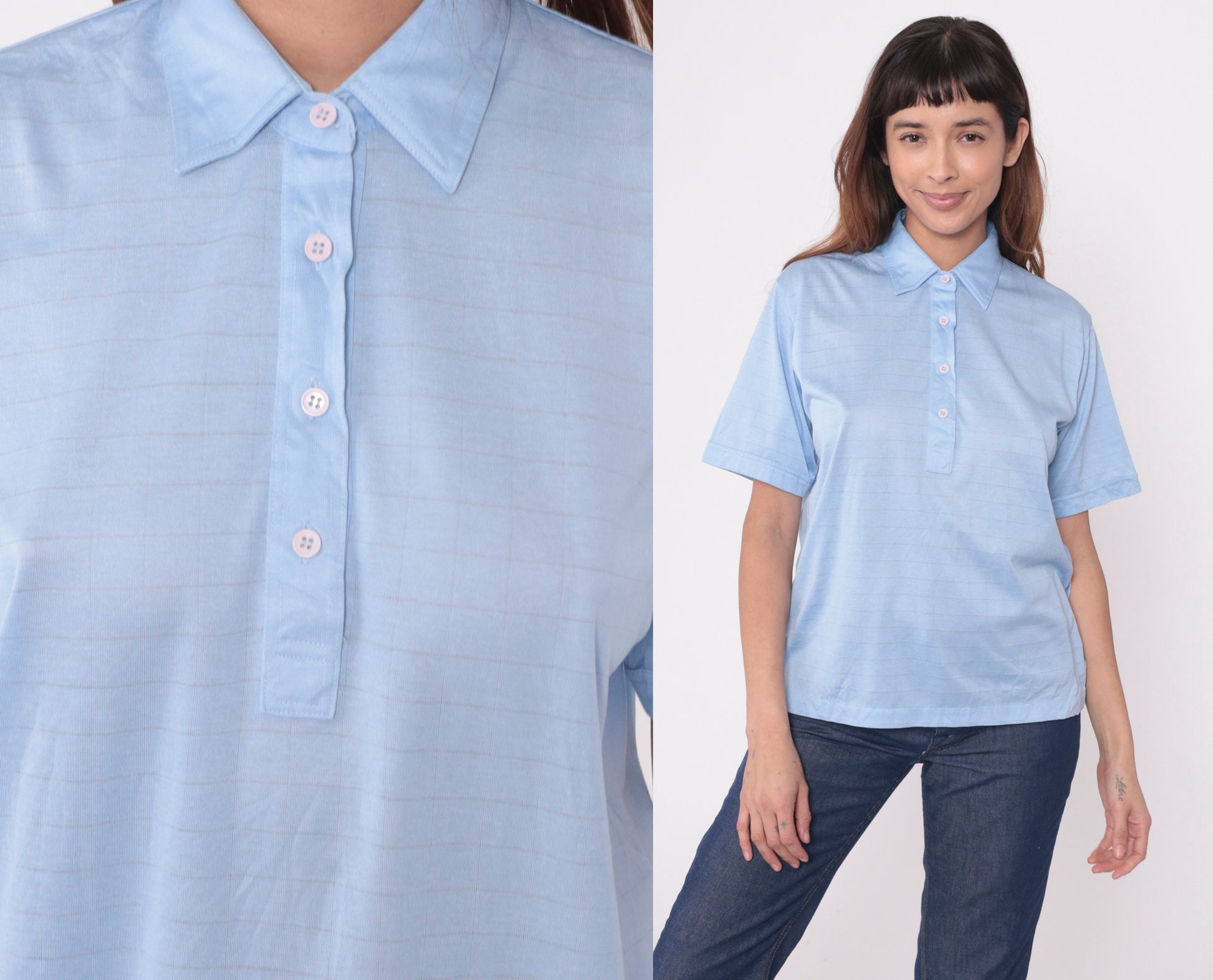 80s Lady Cougar Polo Shirt Baby Blue Grid Print Quarter Button Medium