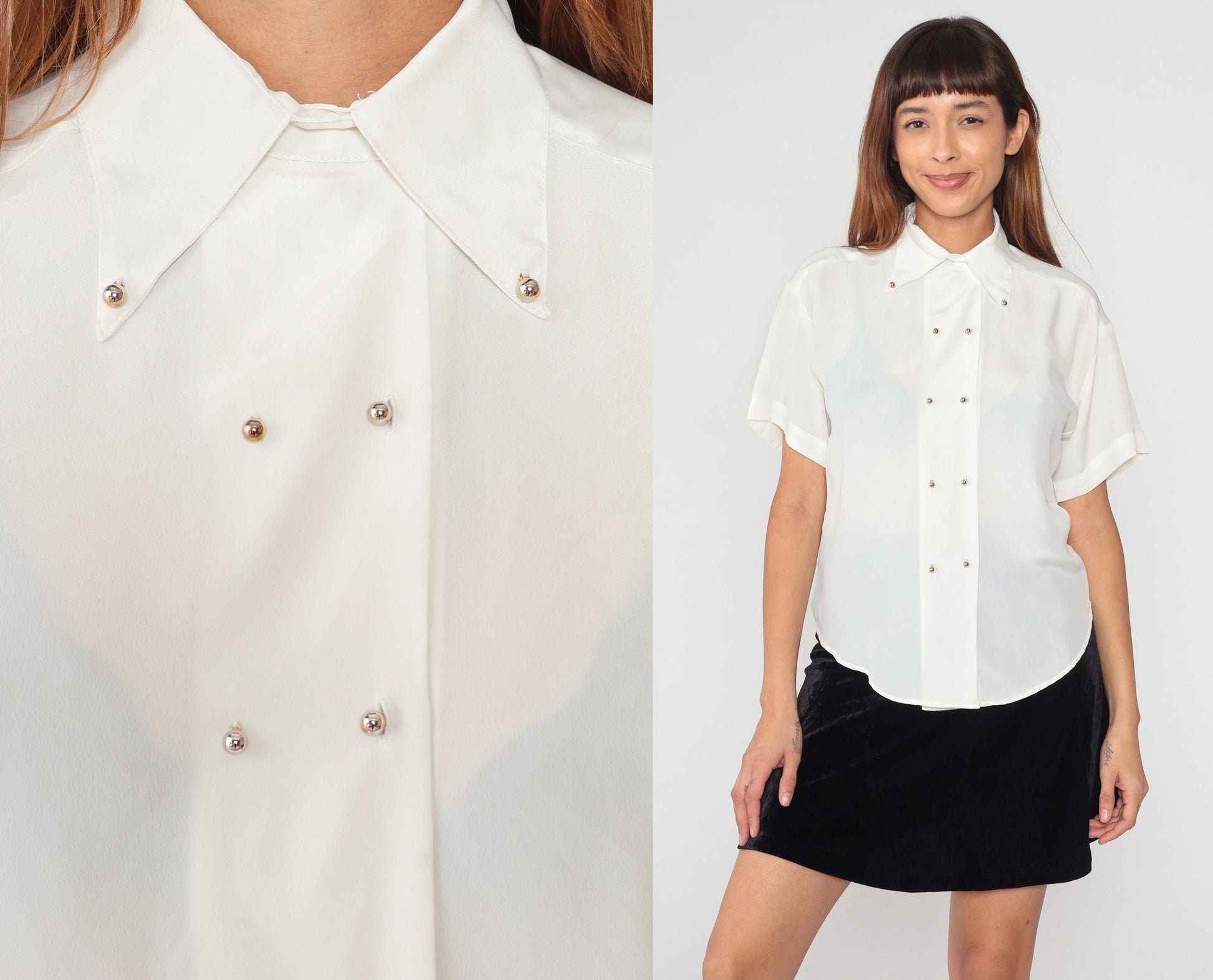 90s Cream Button-Up Blouse Short Sleeve Pointed Collar Silver Buttons Small