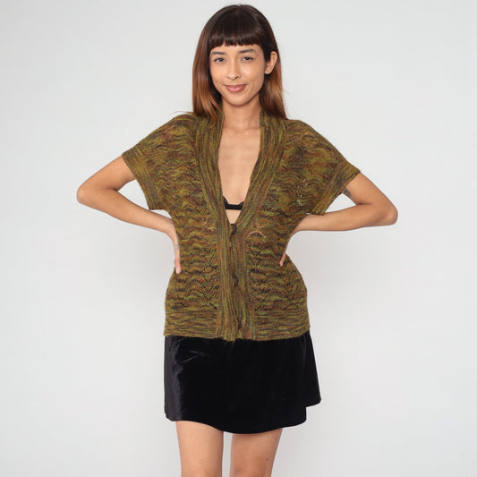 90s Jones New York Space Dye Cardigan Brown Green Mohair Blend Short Sleeve Small