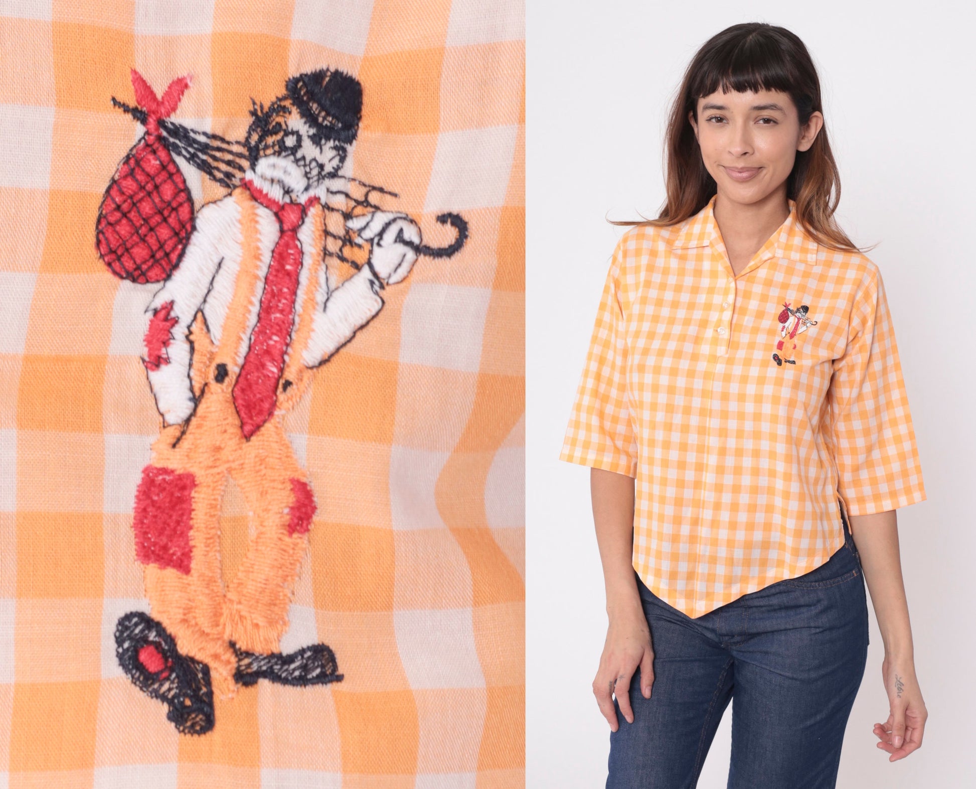70s Ship n Shore Orange Gingham Blouse Vagabond Clown Embroidered 3/4 Sleeve Extra Small XS