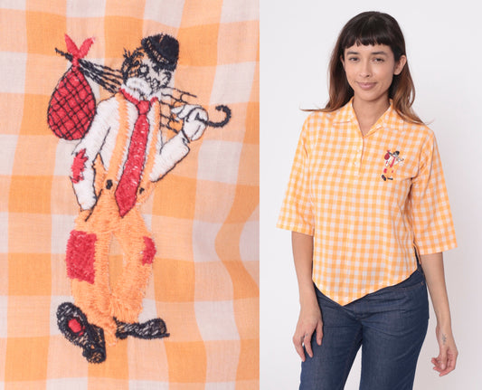 70s Ship n Shore Orange Gingham Blouse Vagabond Clown Embroidered 3/4 Sleeve Extra Small XS