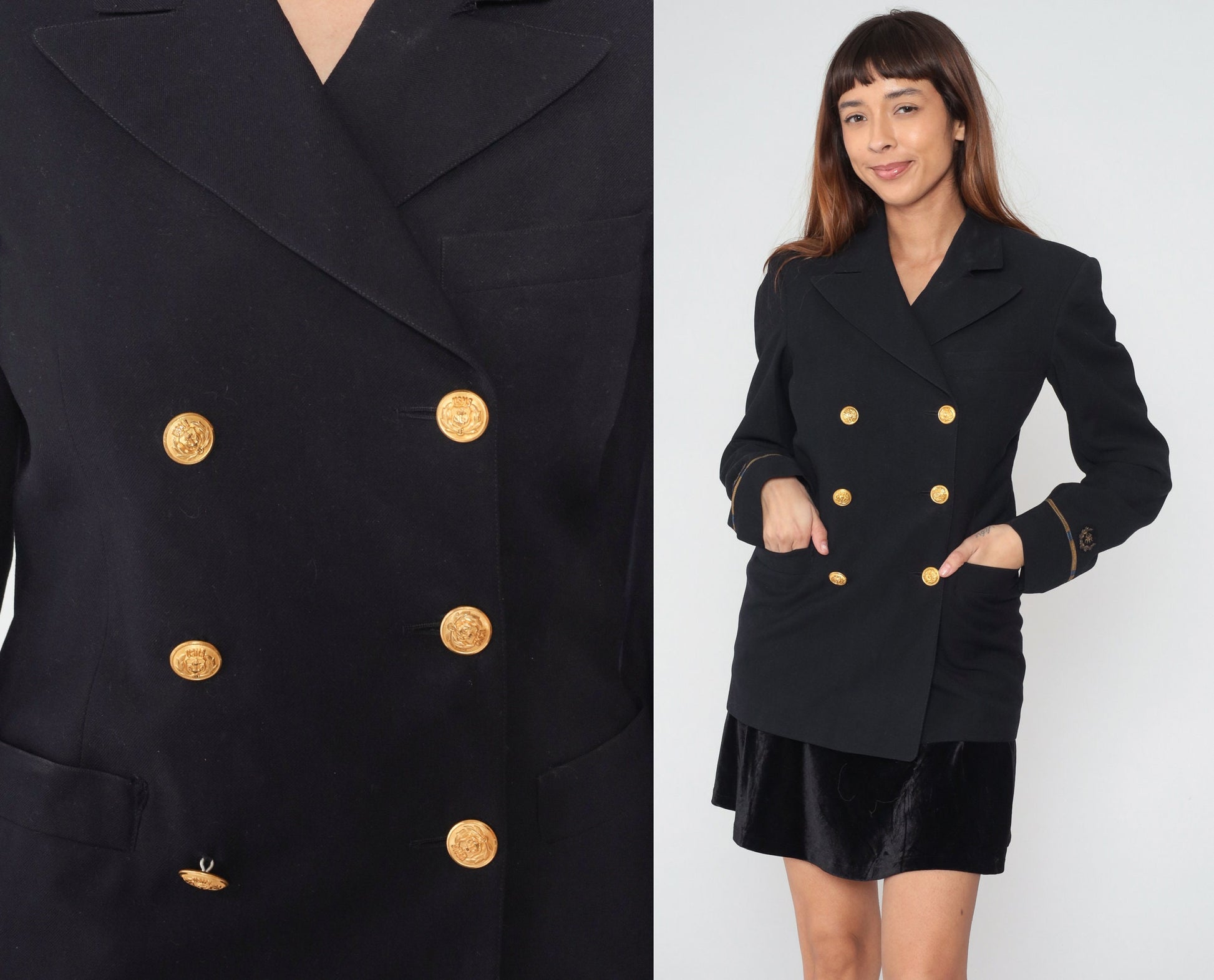 80s Wender and Goldstein Black Wool Double Breasted Blazer Gold Nautical Buttons Small S