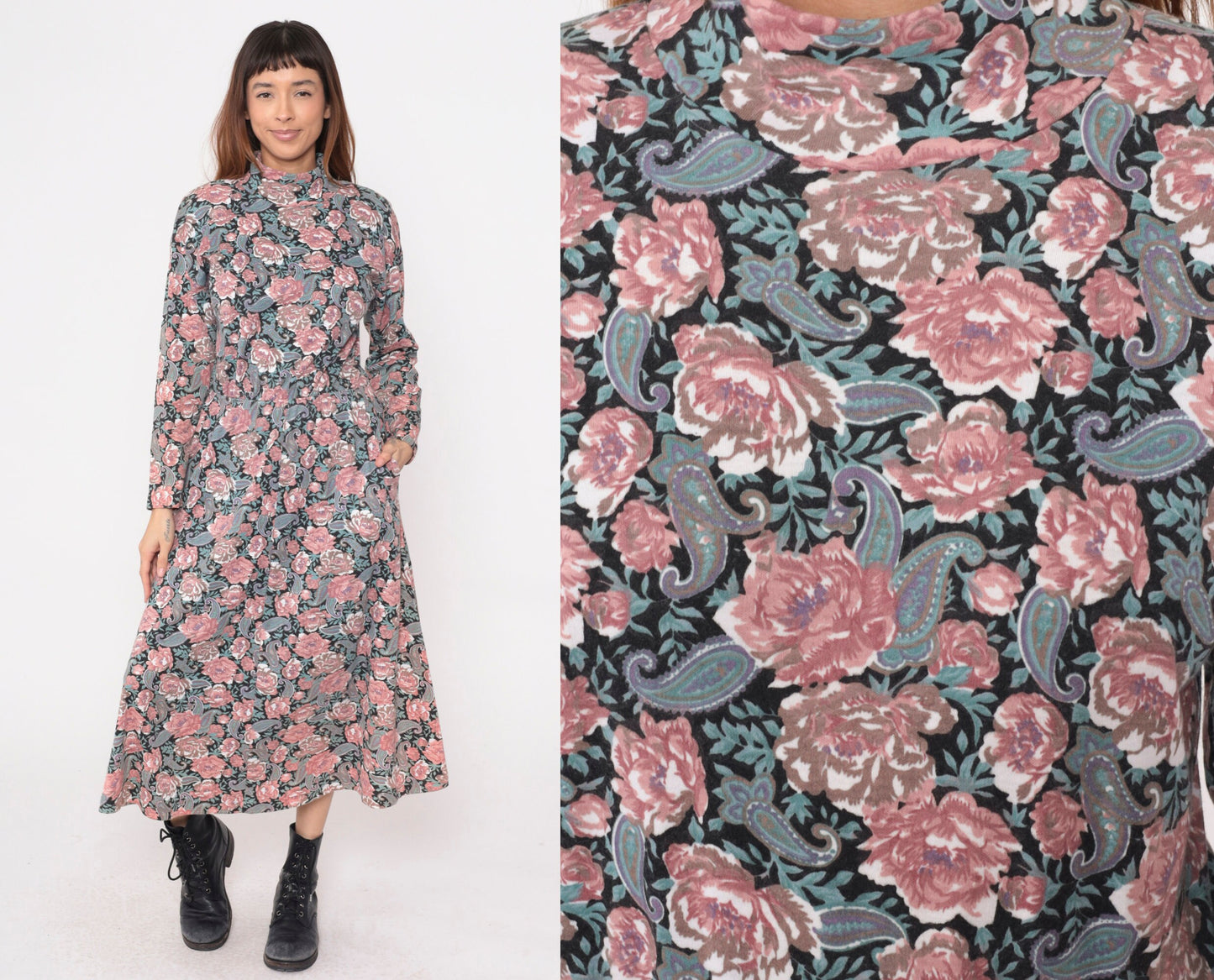 90s Floral Paisley Mock Neck Midi Dress Pink Blue Long Sleeve Small