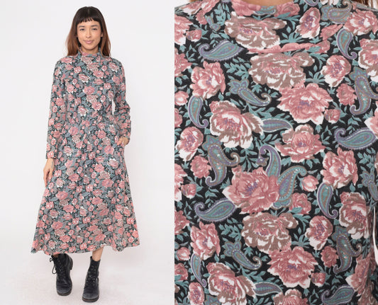 90s Floral Paisley Mock Neck Midi Dress Pink Blue Long Sleeve Small