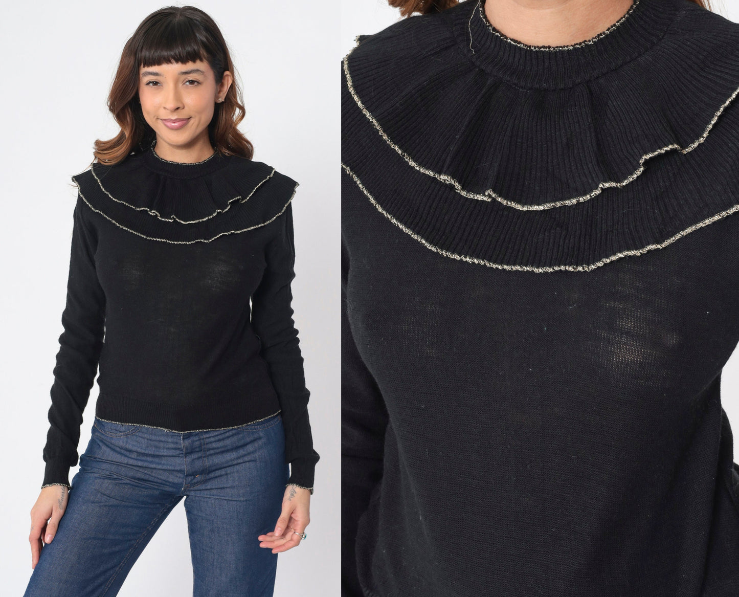 70s Black Sweater Double Bertha Collar Silver Metallic Trim Knit Pullover Extra Small