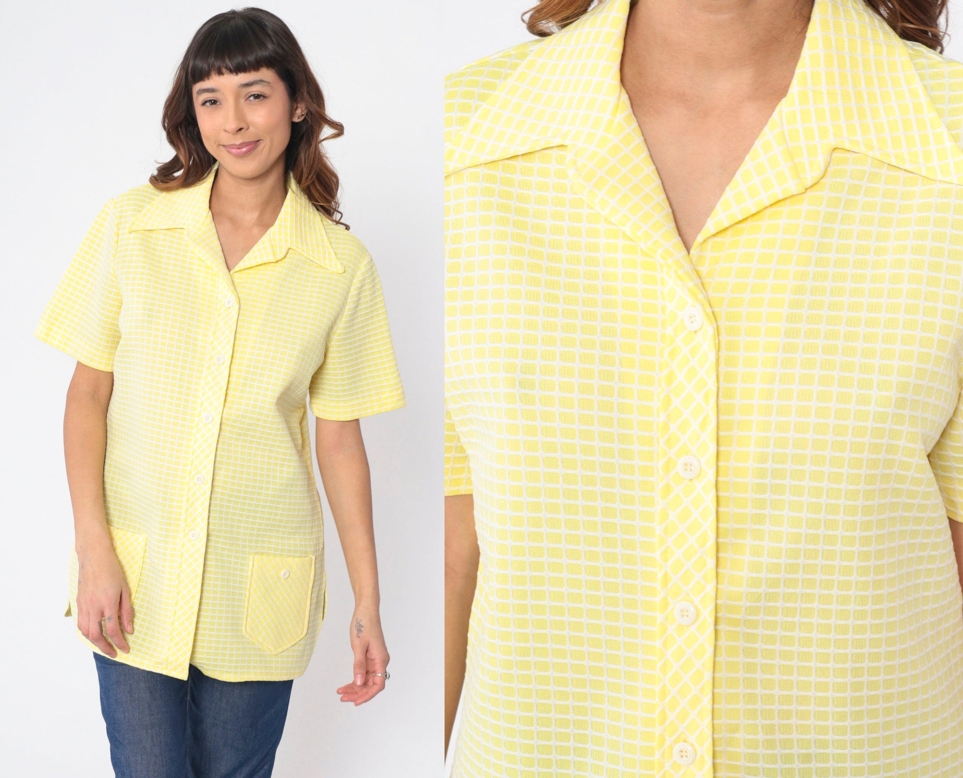 70s Yellow Checkered Button-Up Blouse Dagger Collar Short Sleeve Large L