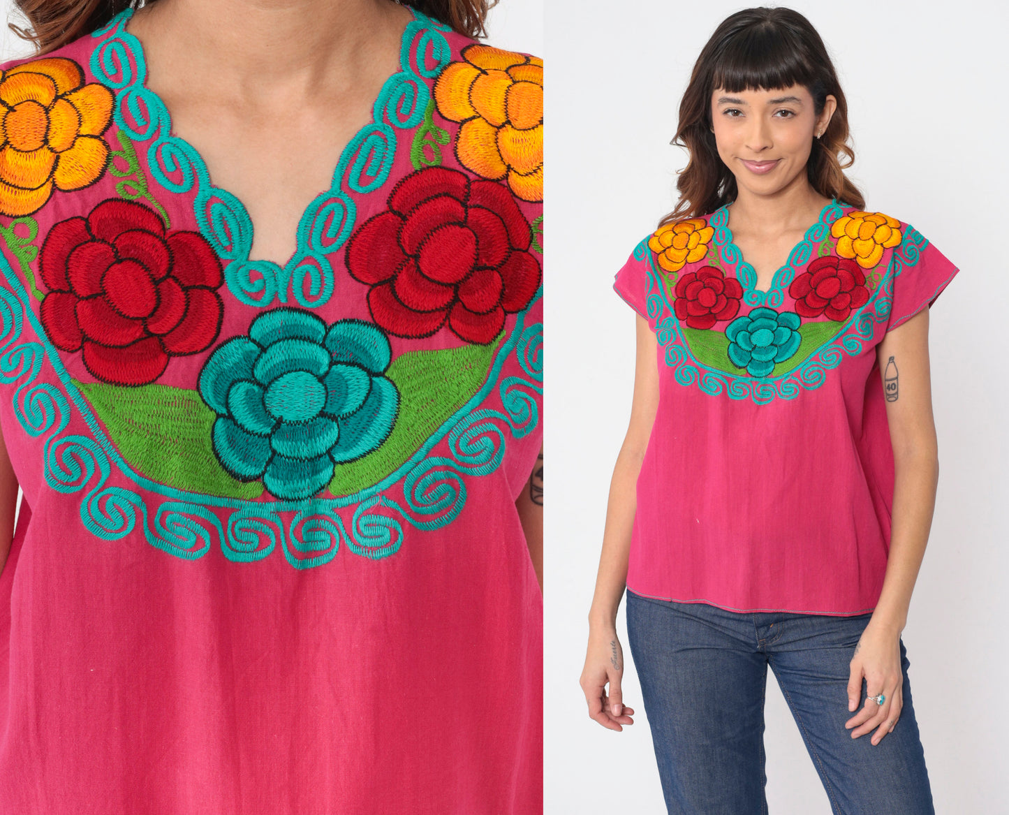 90s Mexican Embroidered Blouse Hot Pink Floral Cotton Peasant Small