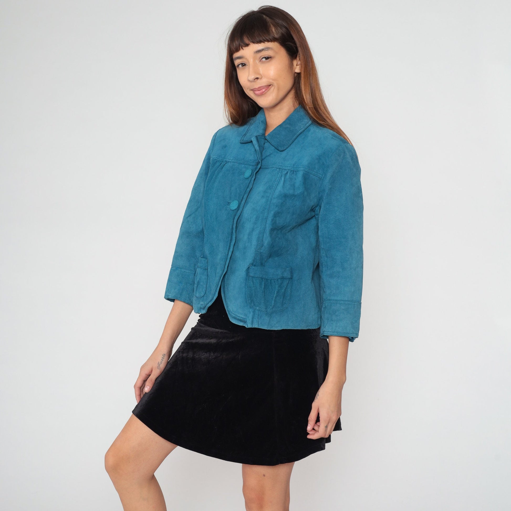 Y2K Chico's Blue Suede Jacket Cropped Button-Up 3/4 Sleeve Extra Small
