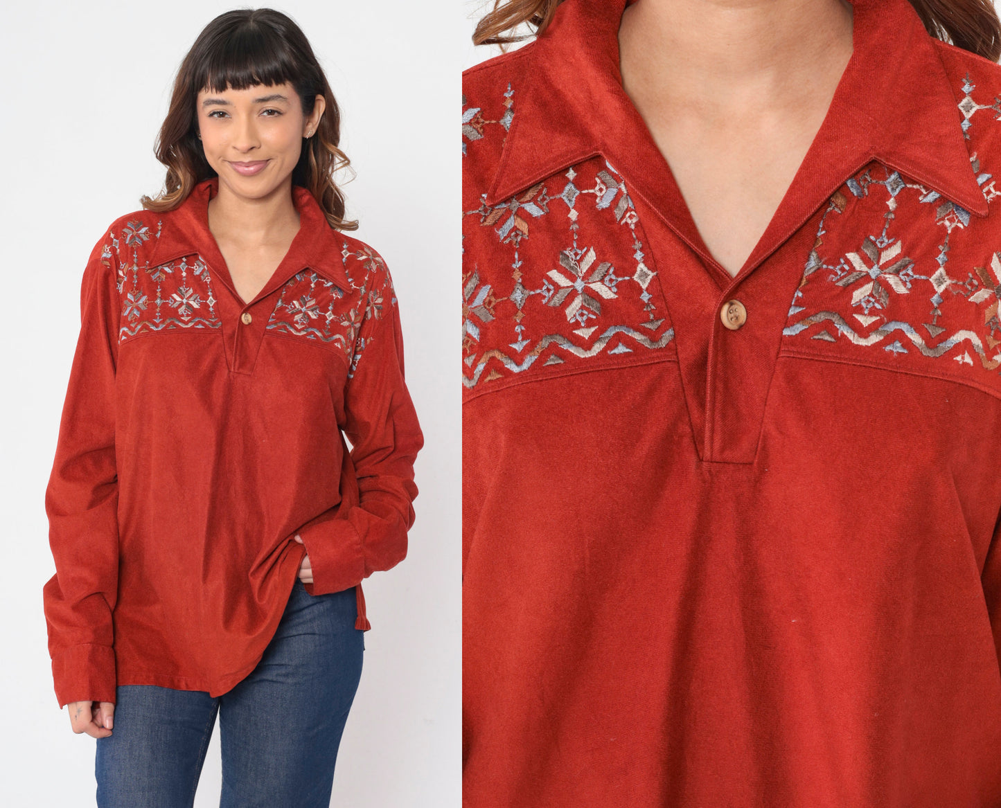 70s Spire Rust Shirt Geometric Embroidered Dagger Collar Button Up Extra Large