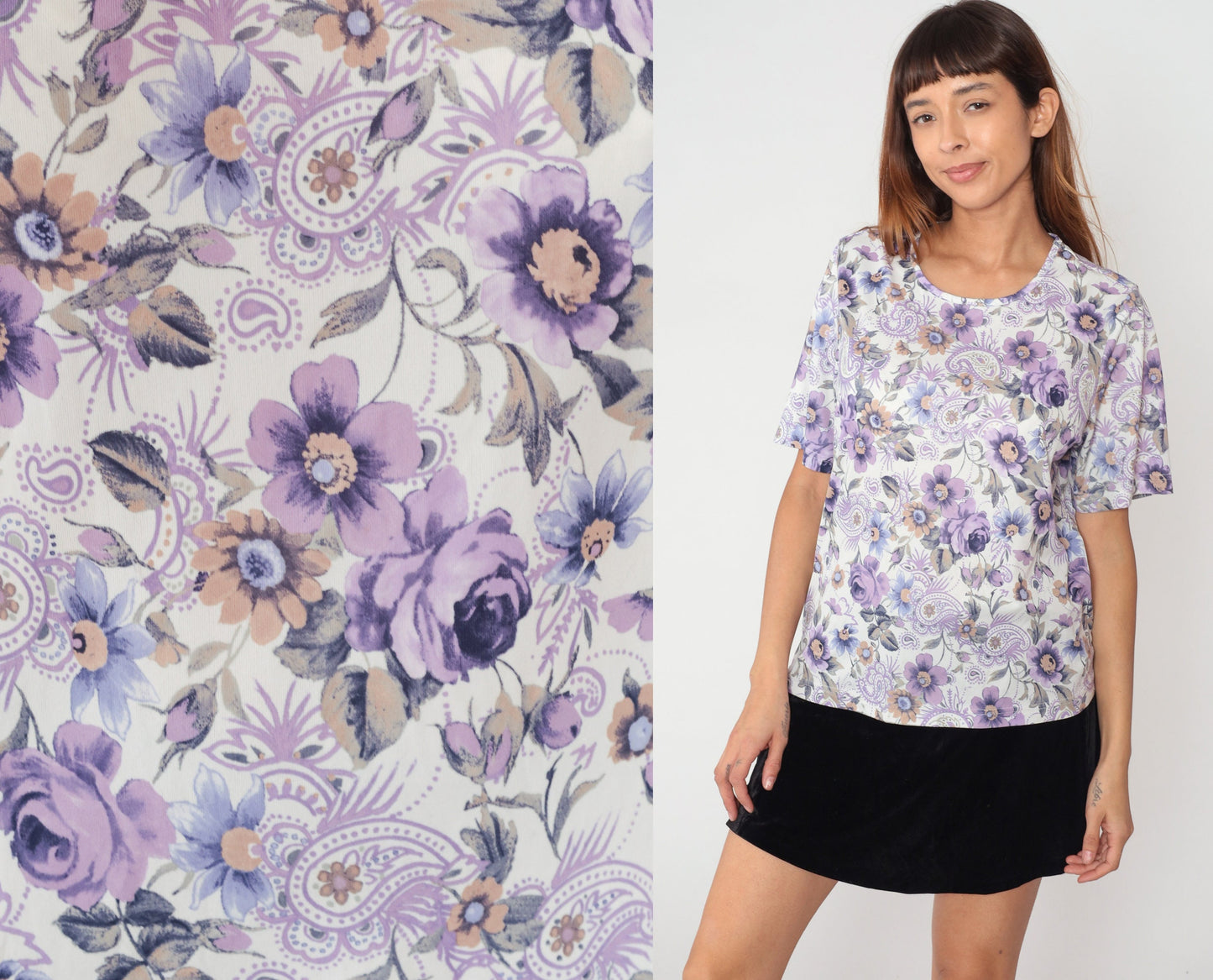90s Purple Paisley Floral Print Blouse White Short Sleeve Top Large L