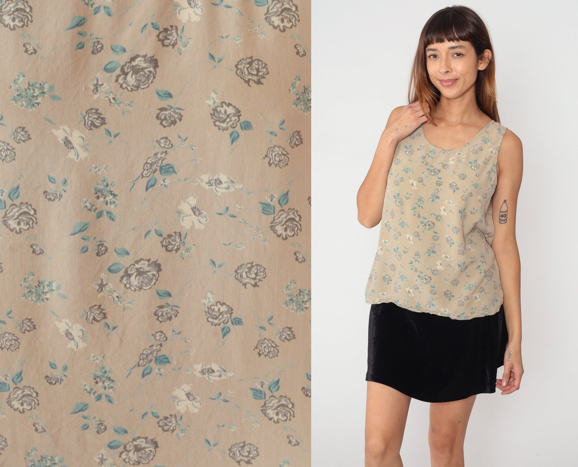 90s Silk Floral Tank Top Tan Rose Print Sleeveless Blouse Large L