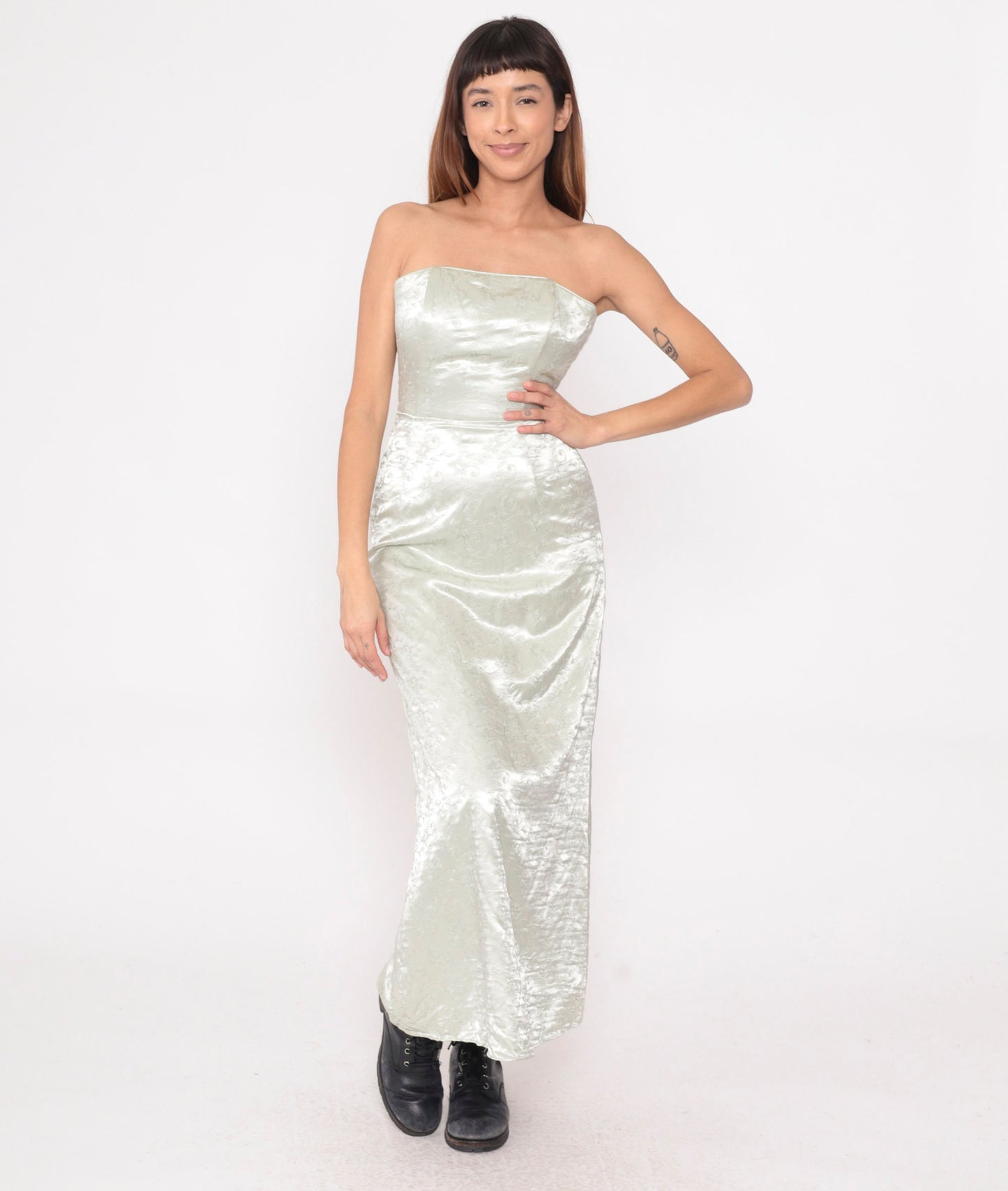 Y2K Jessica McClintock Silver Floral Embroidered Strapless Maxi Dress Extra Small