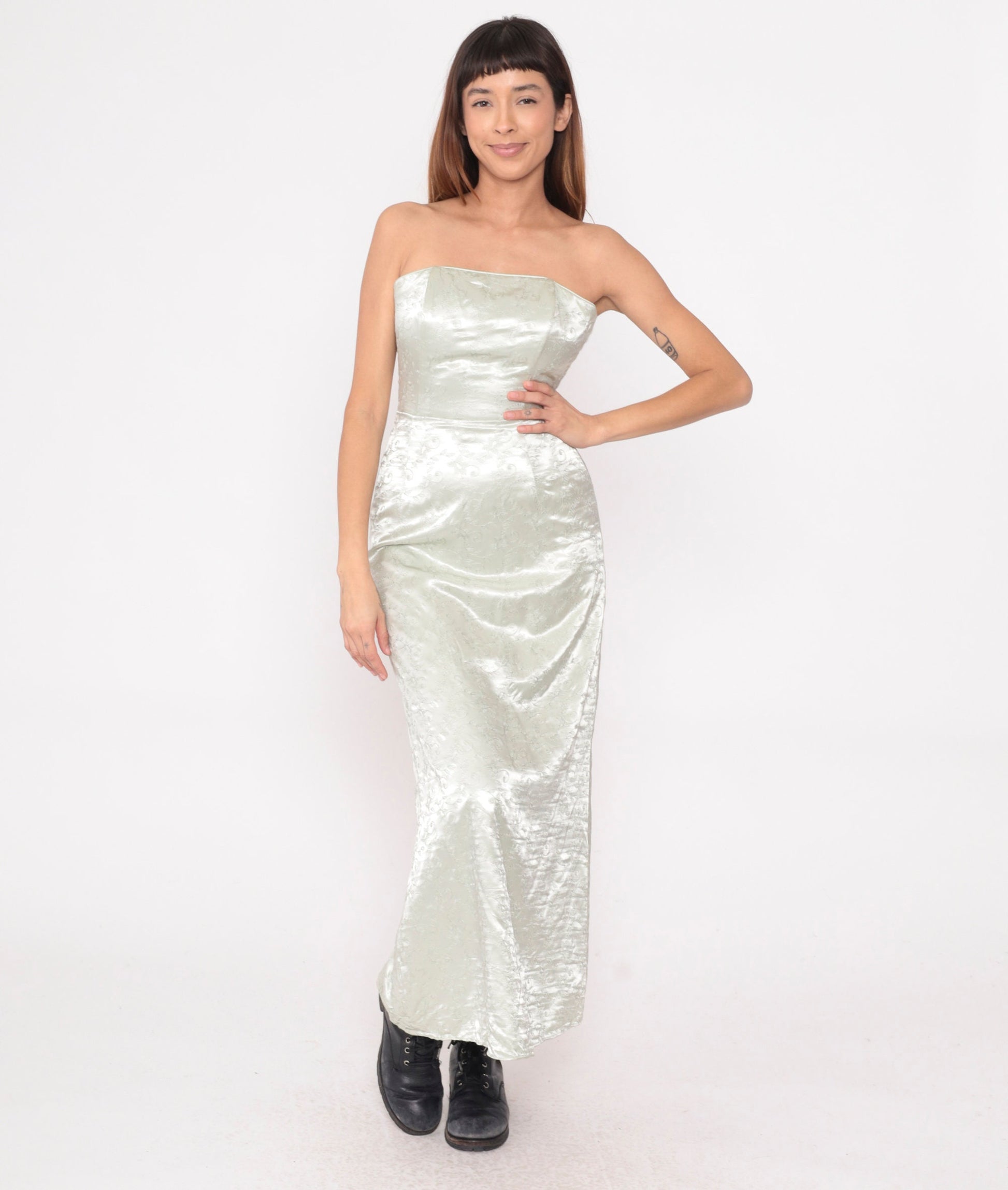 Y2K Jessica McClintock Silver Floral Embroidered Strapless Maxi Dress Extra Small