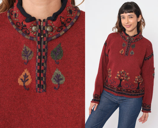 Y2K Icelandic Wool Sweater Quarter Zip Tree Print Red Medium