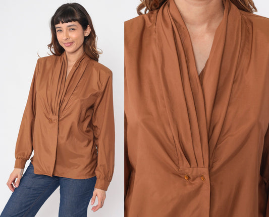 80s Brown Puff Sleeve Blouse Double Breasted Button Up Pleated Shirt Large