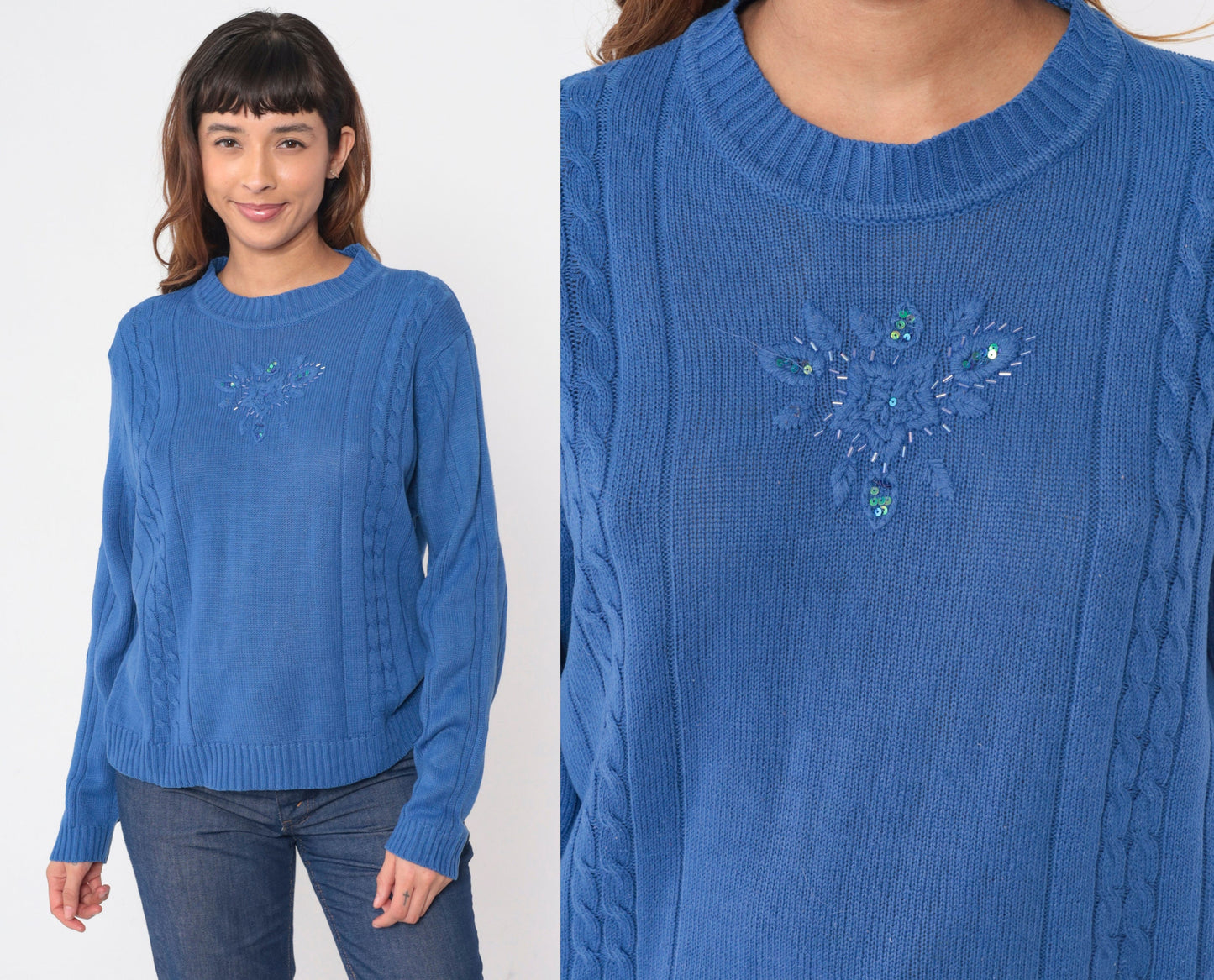 80s Blue Cable Knit Sweater Beaded Floral Design Pullover Large L