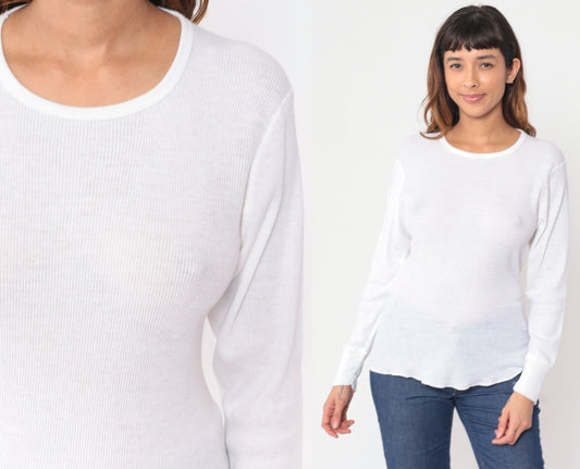 80s White Thermal Waffle Knit Long Sleeve Undershirt Medium