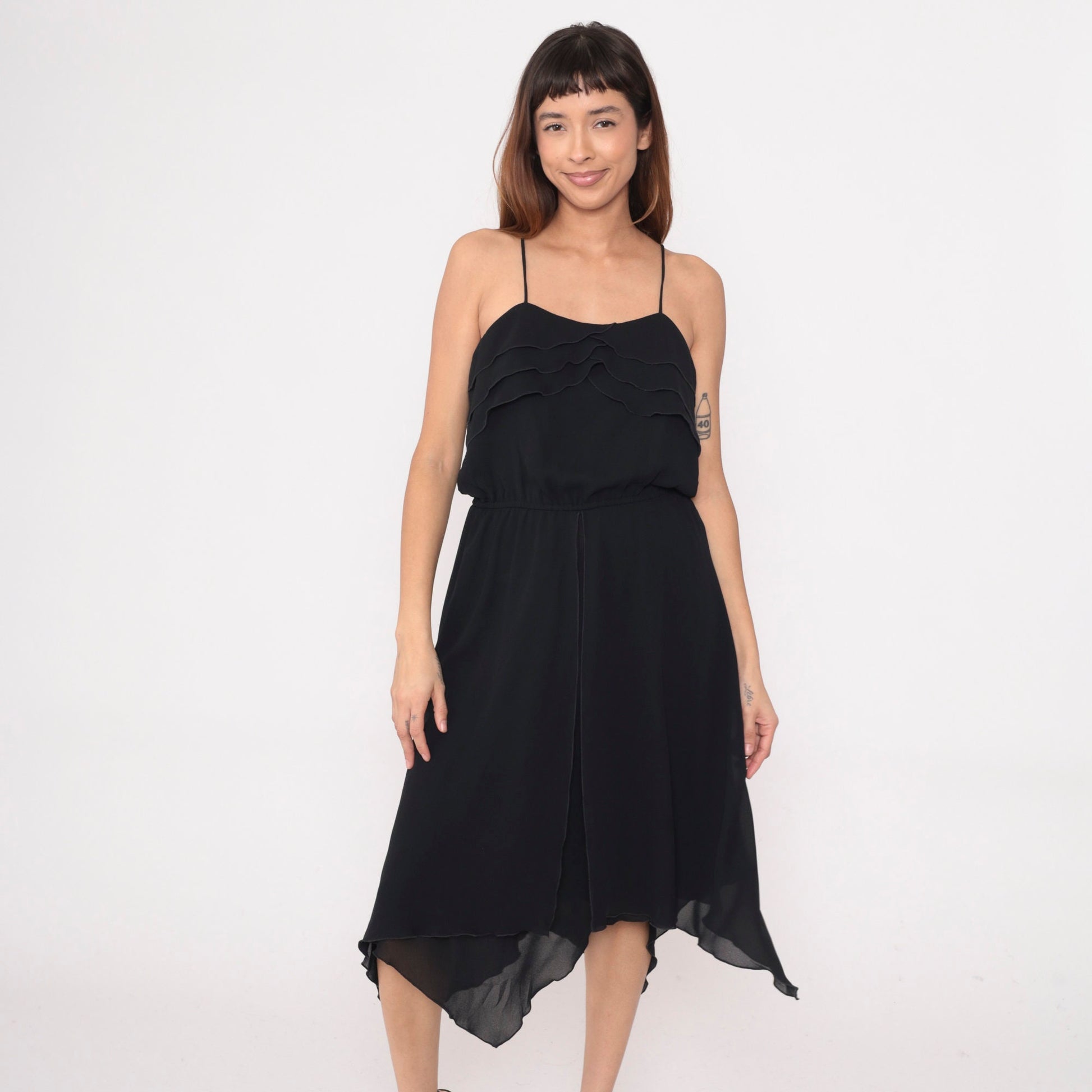 1970s Black Saks Fifth Avenue Midi Dress Ruffled Neckline Spaghetti Strap Small