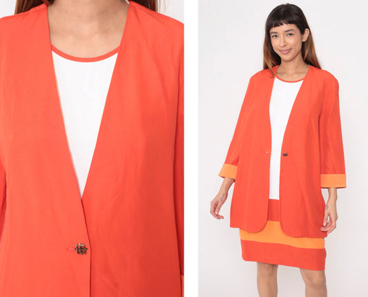80s Orange Two-Tone Shift Dress with Attached Jacket Mini Medium