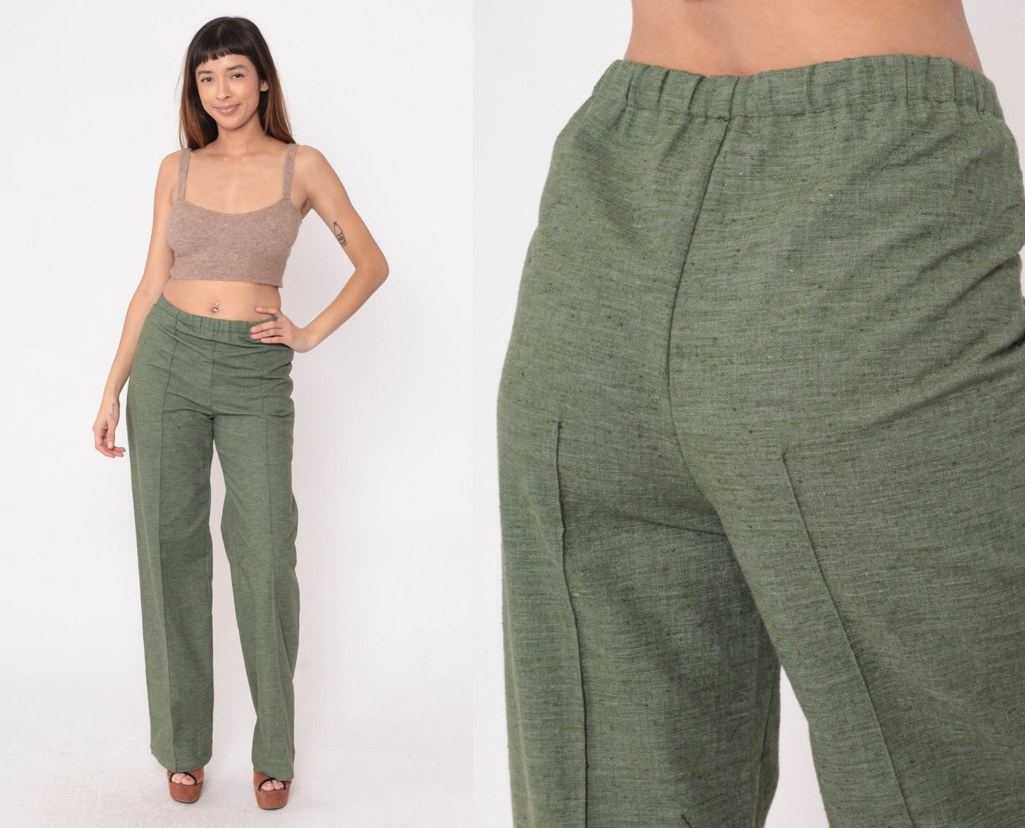 70s Wide Leg Trousers Heathered Green High Waist Creased Medium