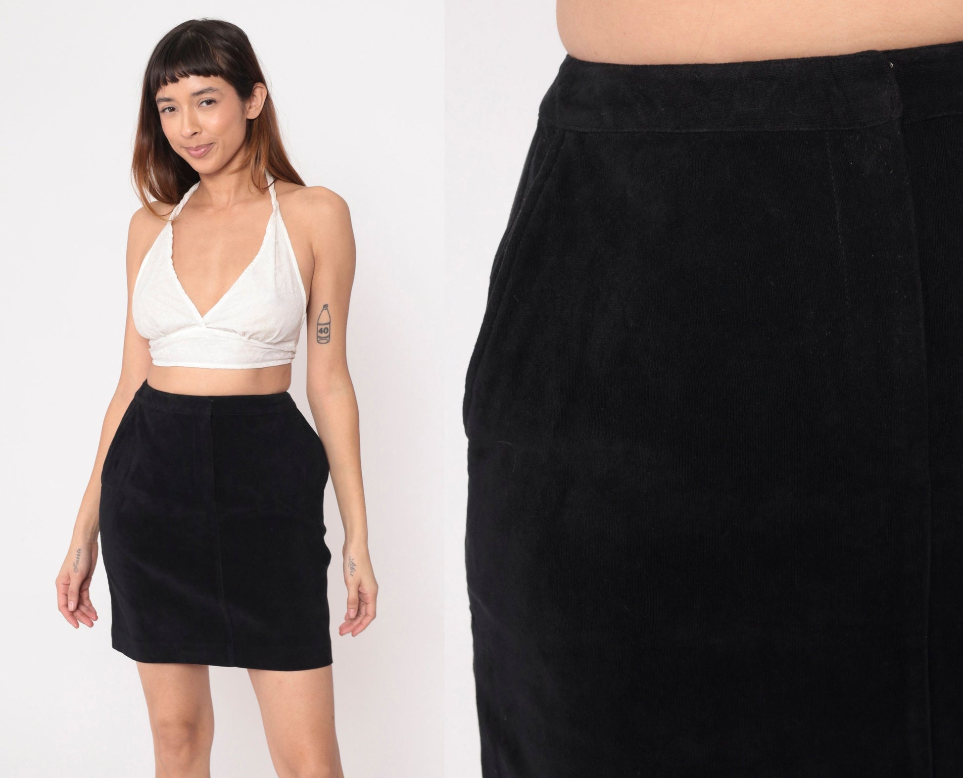 90s Black Mini Skirt High Waisted Pencil Zip Front Small