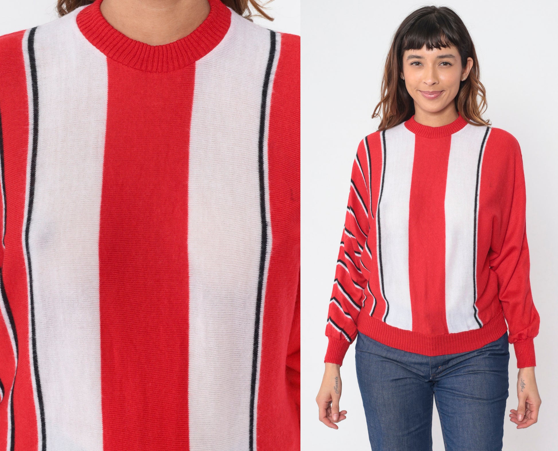 80s Striped Dolman Sleeve Knit Sweater Red White Black Crewneck Medium